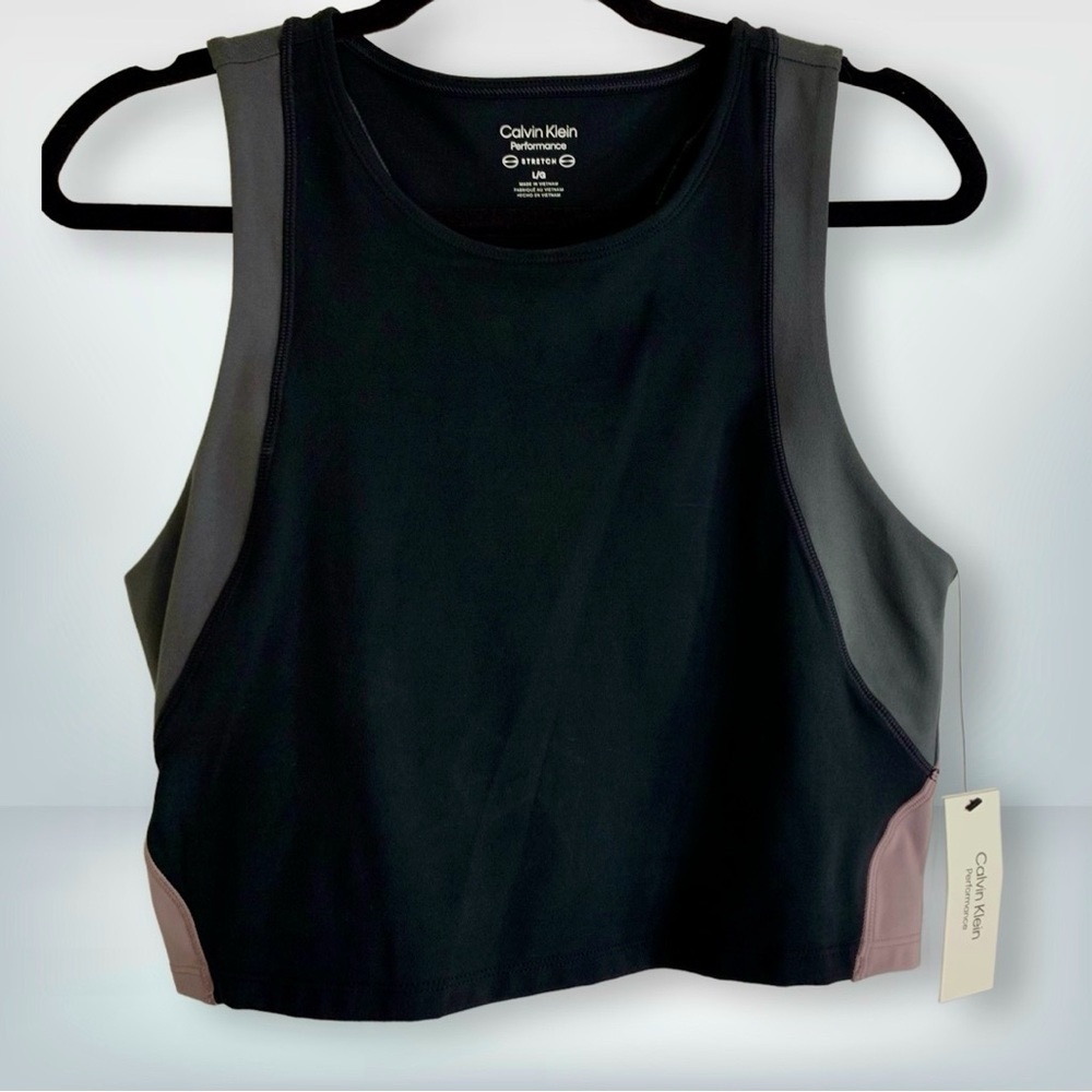 NWT Calvin Klein Performance Colorblock Tank Fitted Crop Top Athleisure, size L
